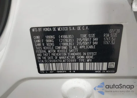 2020 Honda Hr-V Awd Ex-L из США, поврежденный, VIN 3CZRU6H76LM730989